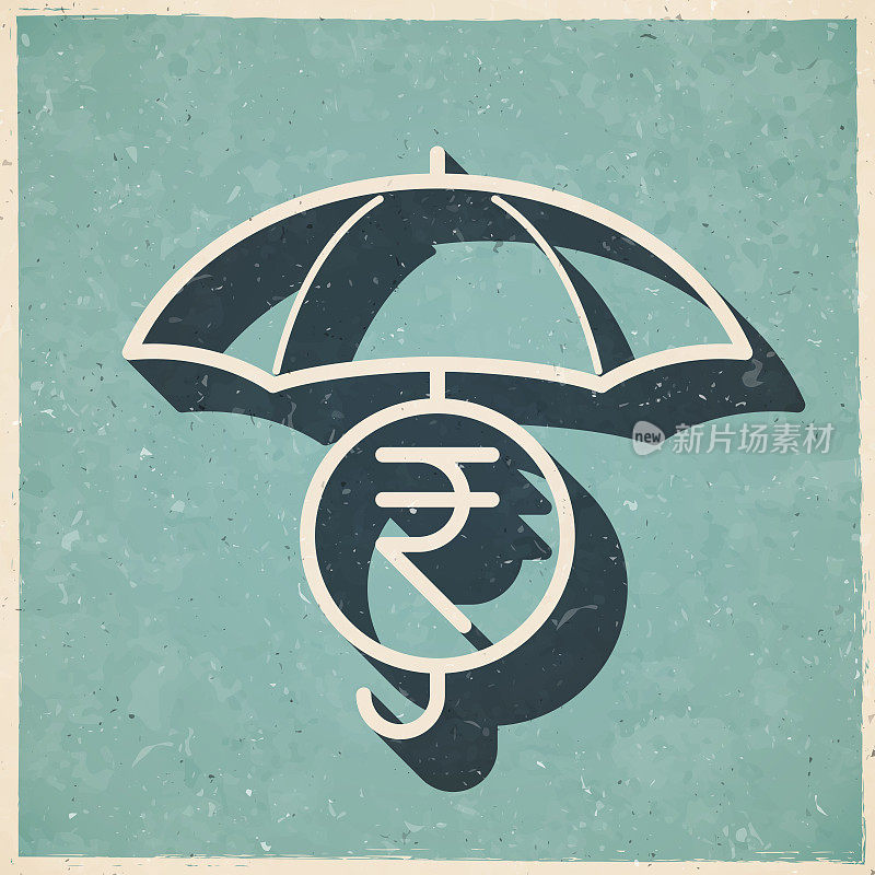 伞下的印度卢比硬币。图标复古复古风格-旧纹理纸