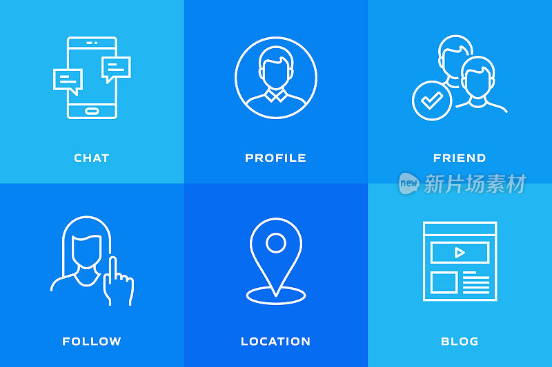 社会媒体相关的矢量线图标。轮廓符号集合