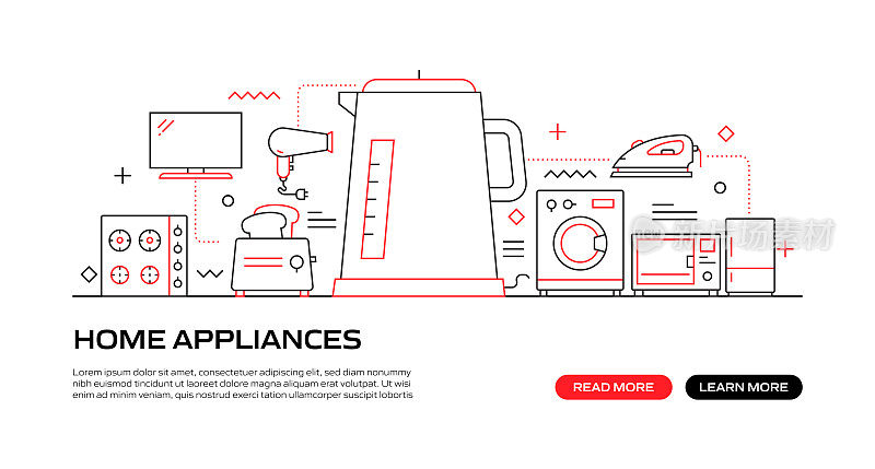 家用电器网络横幅与线性图标，时尚的线性风格矢量