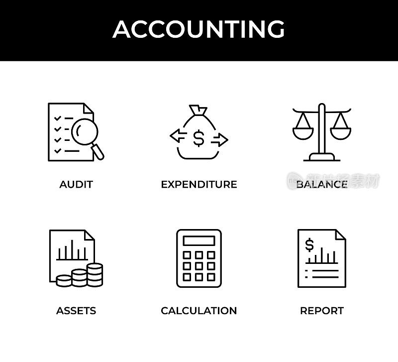 会计图标集。此图标集包含审计,支出,余额,资产,计算,财务报告