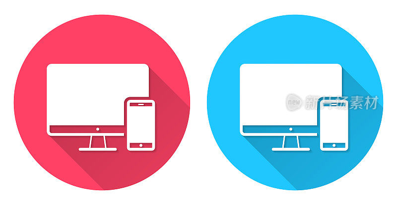 台式电脑和智能手机。圆形图标与长阴影在红色或蓝色的背景