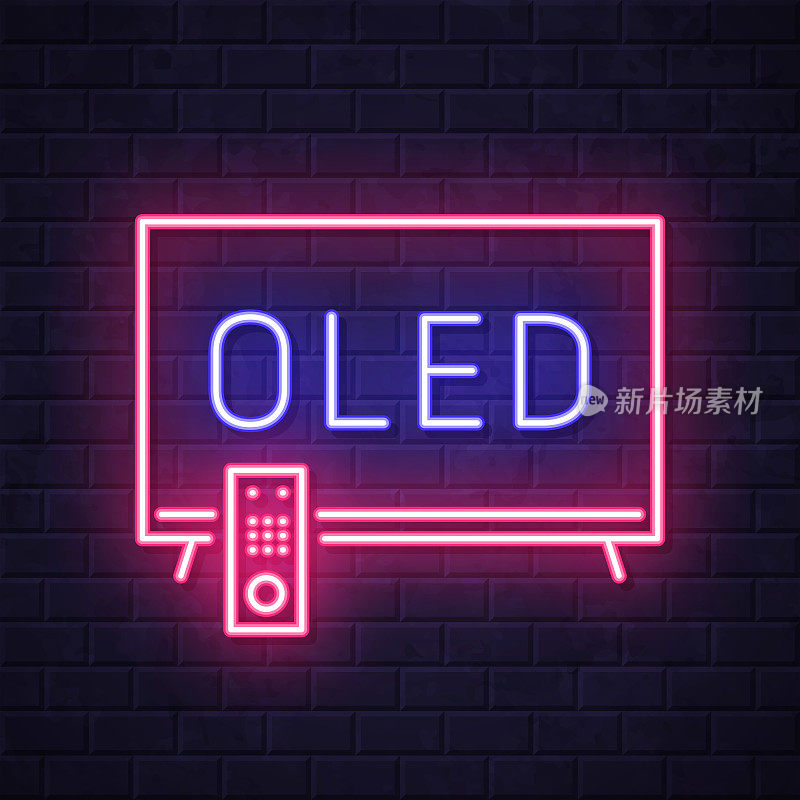 OLED电视。在砖墙背景上发光的霓虹灯图标