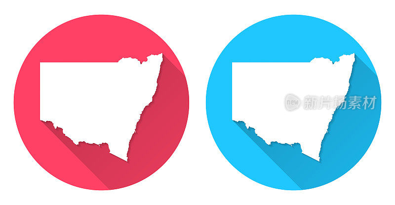 新南威尔士地图。圆形图标与长阴影在红色或蓝色的背景