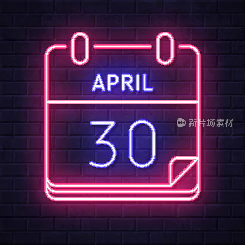 4月30日。在砖墙背景上发光的霓虹灯图标