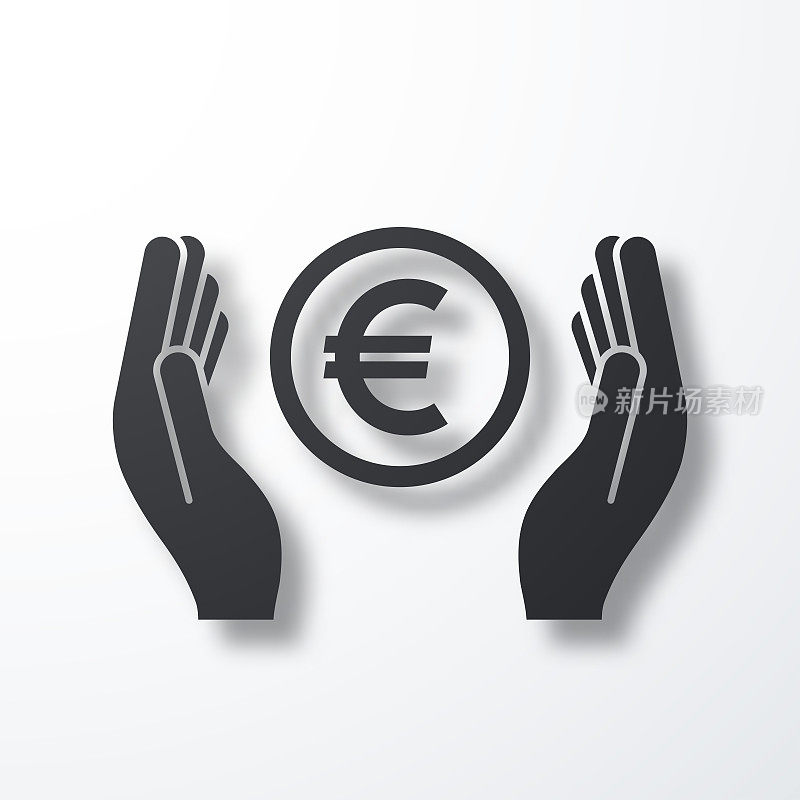 欧元硬币在双手之间。白色背景上的阴影图标