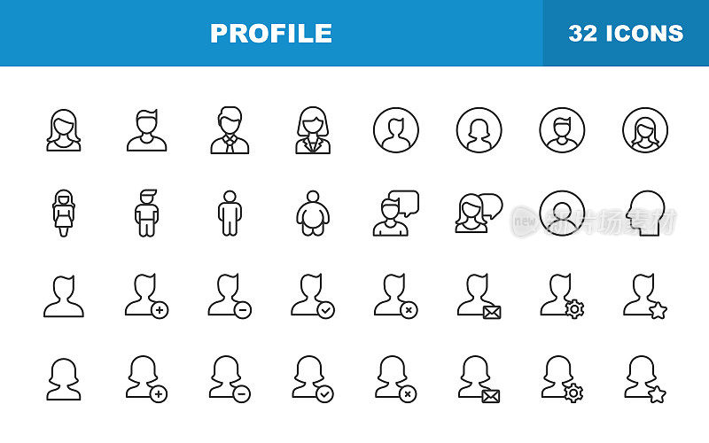 配置文件和用户线图标。可编辑的中风。包含诸如社交媒体，通信，头像，客户支持，人，用户界面设计等图标。