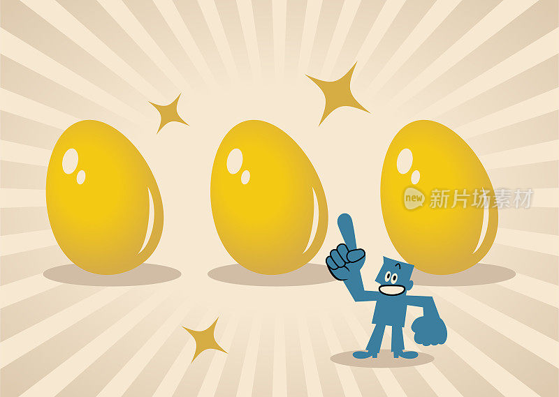 一个快乐的蓝色人展示着三个大大的金色复活节彩蛋，复活节快乐，带着富足、繁荣和成功、创新和创造的光芒