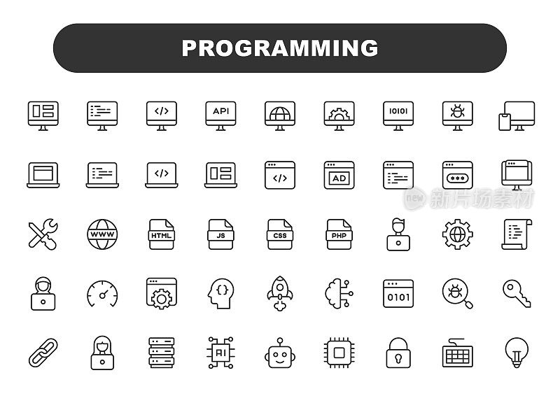 计算机编程线图标。可编辑的中风。包含计算机语言、软件开发、编码、病毒、错误、机器学习、人工智能、敏捷、黑客等图标。