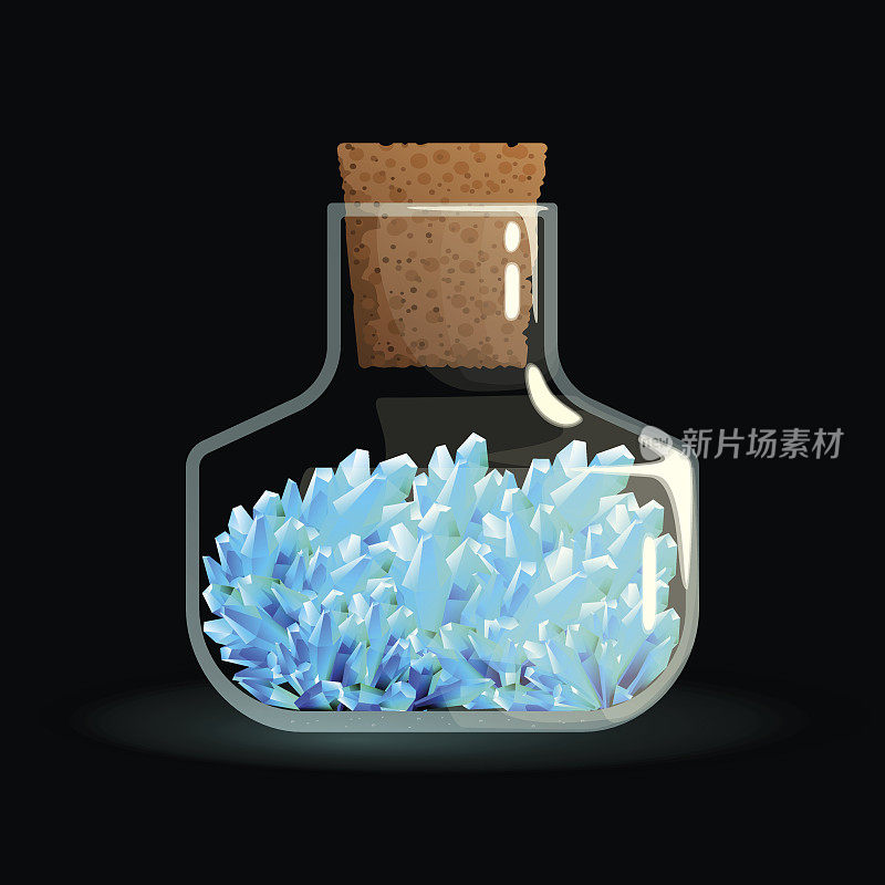 蓝色水晶在带有塞子的玻璃瓶游戏图标。