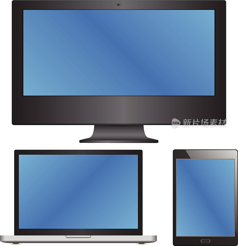设备集的笔记本电脑，电脑和平板电脑矢量插图。
