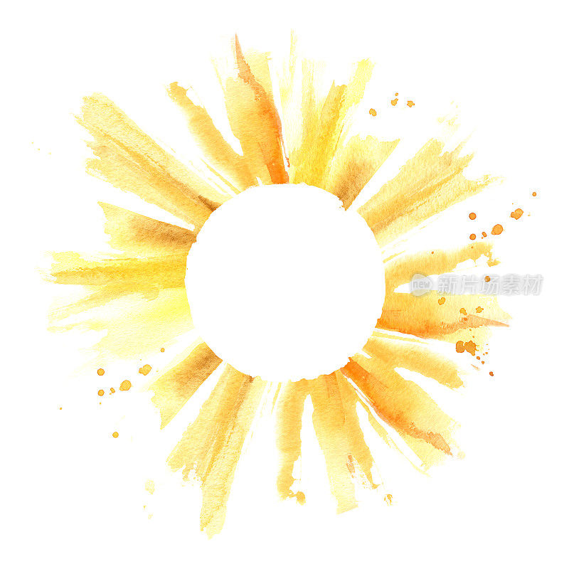 太阳与水彩飞溅，滴。手绘圆框。Copyspace