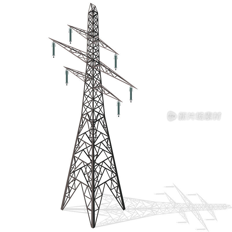 矢量高压塔在白色背景，等距3d透视。
