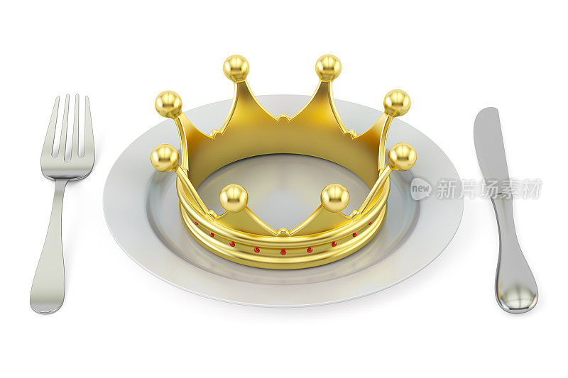 用刀叉把金冠放在盘子里。皇家饮食的概念。三维渲染