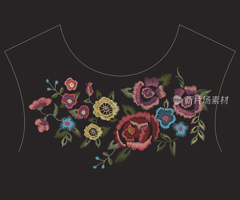 刺绣鲜艳的民族领口线图案与简化的花朵。