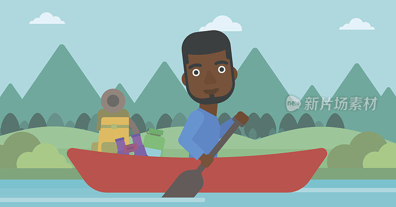 男子骑在皮艇矢量插图。