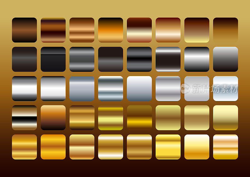 金，银和铜金属颜色渐变集，渐变插图。