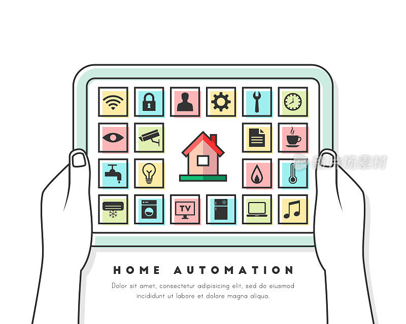 家庭自动化概念与平板电脑和用户界面。彩色线条艺术中的相关应用程序和图标。