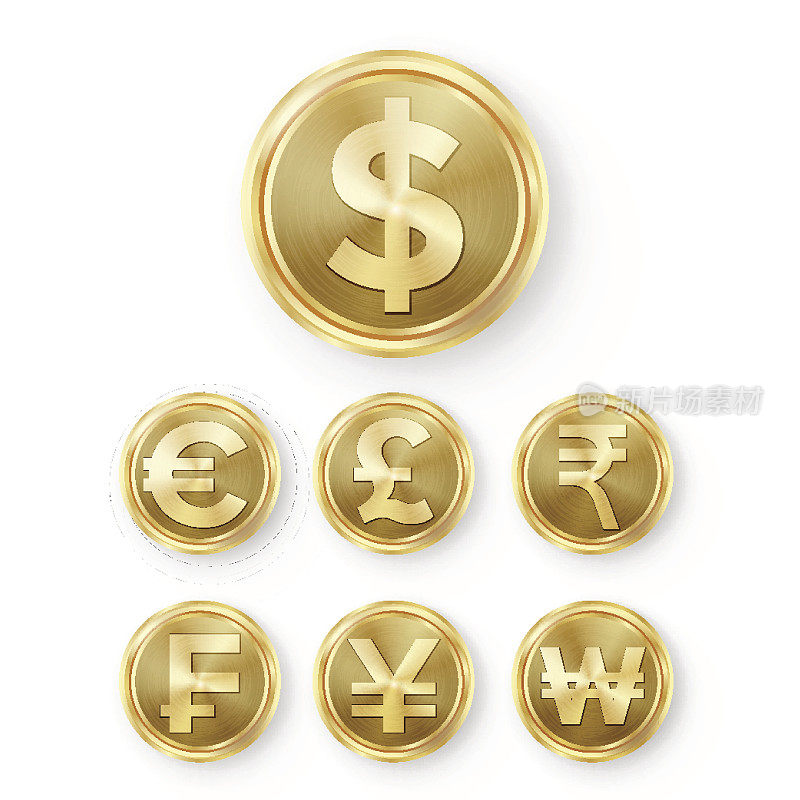 金币集合向量。现实的金钱标志插图。美元，欧元，英镑，卢比，法郎，人民币，韩元