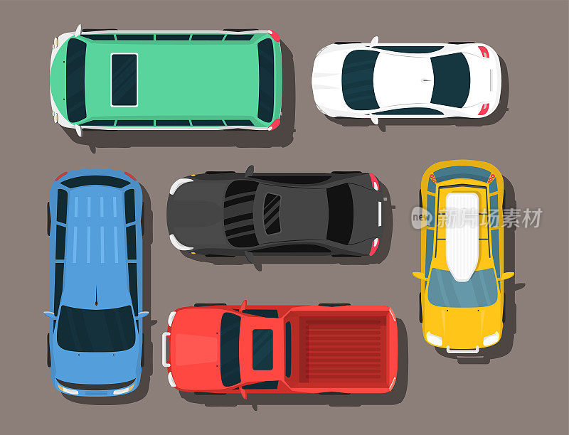 俯视图彩色汽车玩具皮卡汽车运输轮运输设计汽车矢量插图