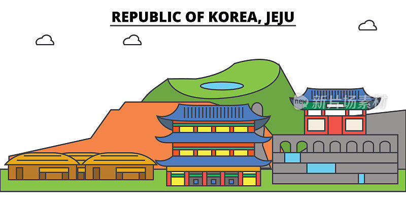 韩国济州岛勾勒城市天际线、线性插画、横幅、旅游地标、建筑剪影、矢量
