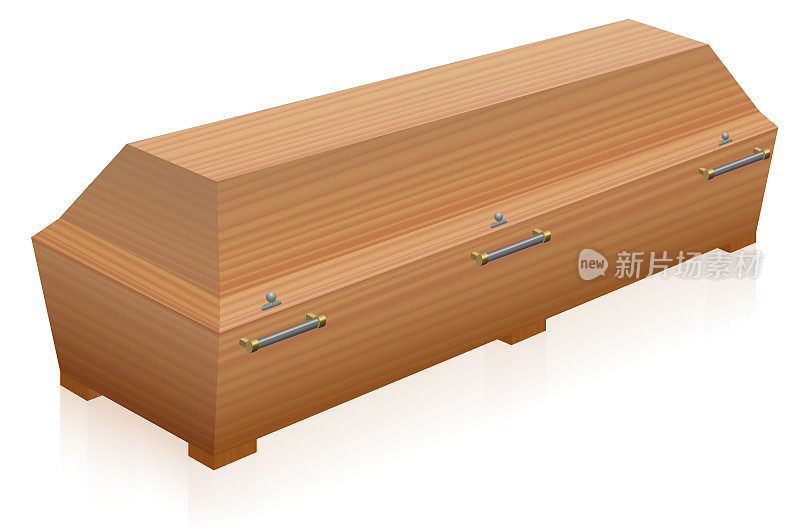 棺材-厚重的，坚实的，浅棕色的木棺材-三维孤立矢量插图在白色的背景。