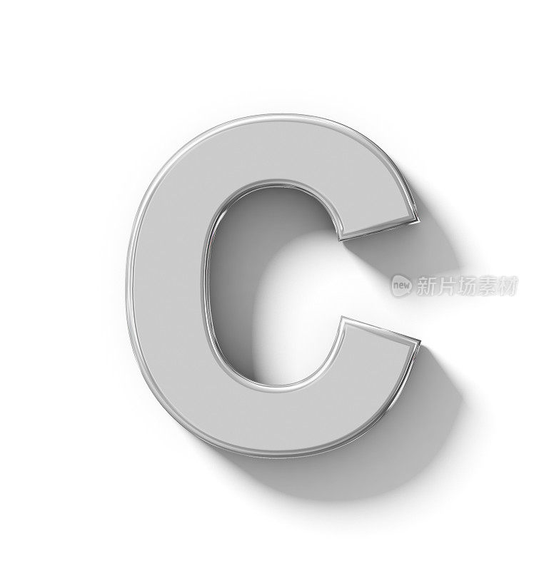 字母C三维银孤立在白色与阴影正交投影