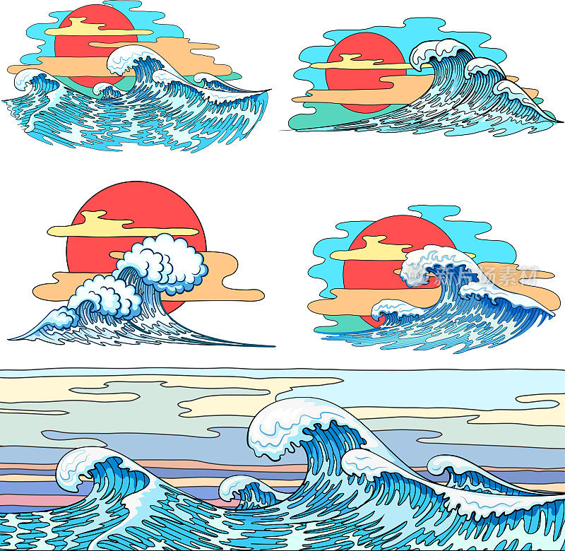 海浪。设计集。手绘。矢量复古插画在日本风格