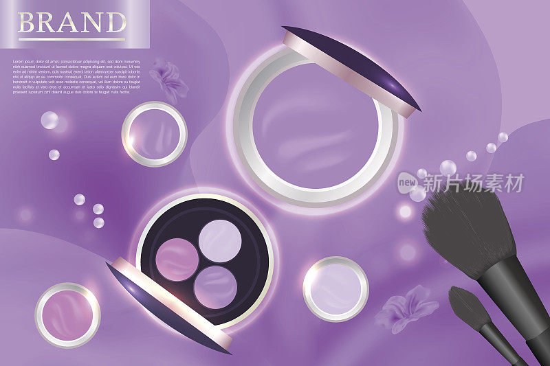 有广告背景的化妆品容器随时可用。紫花、彩妆产品广告设计。