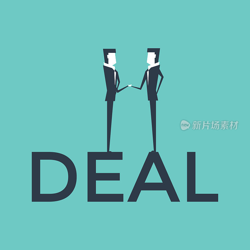 商业交易与两个商人握手。伙伴关系概念向量