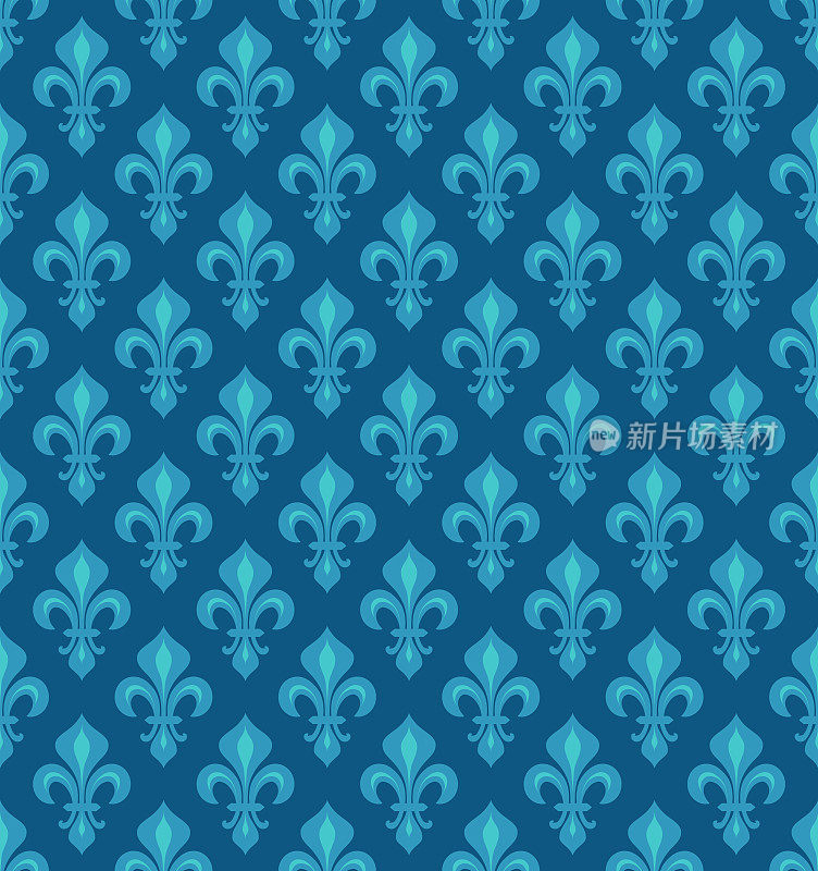 皇家纹章百合花(百合)-天蓝色的天空天鹅绒，无缝图案，壁纸背景。