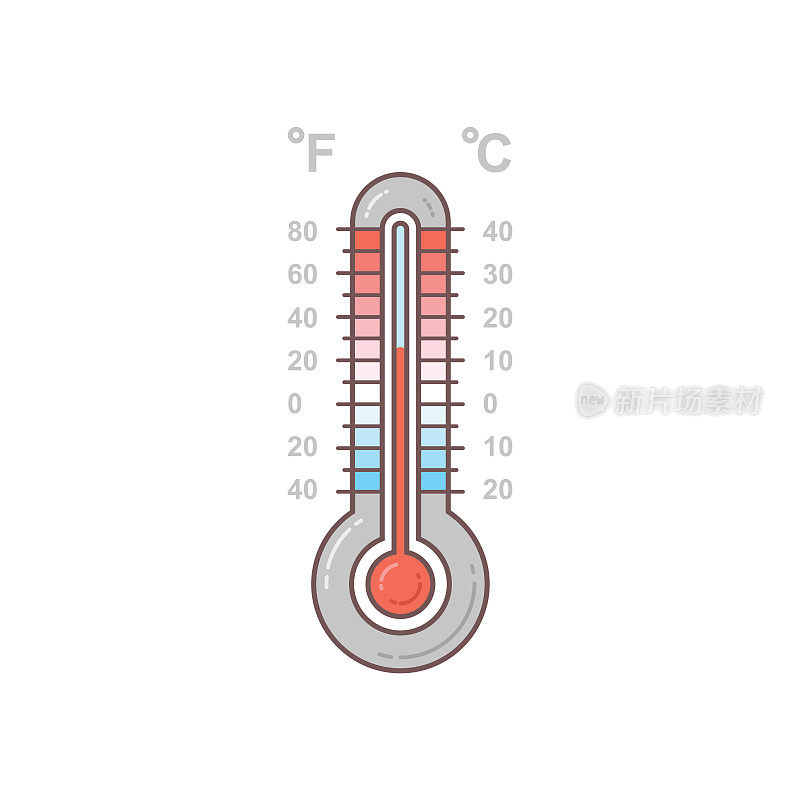 在透明背景上的热和冷气象温度计。蓝色和红色的温度计。矢量图标图形插图的设计