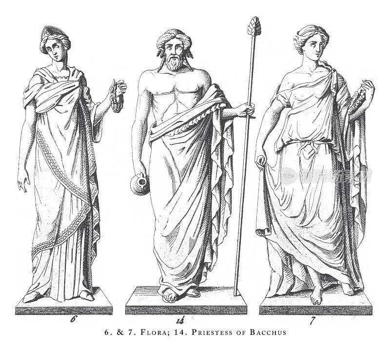 酒神女祭司，希腊和罗马神和宗教用具雕刻古董插图，出版于1851年