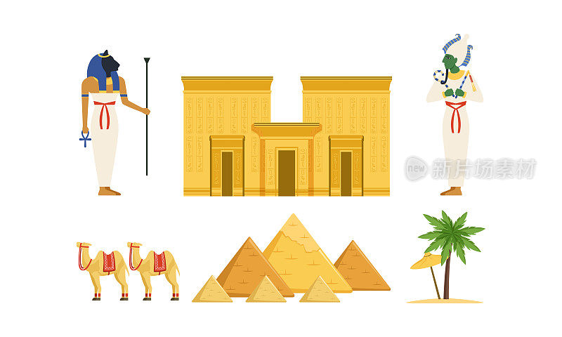 采购产品埃及的传统文化和历史符号收集，古埃及的神，金字塔，骆驼，棕榈树矢量插图