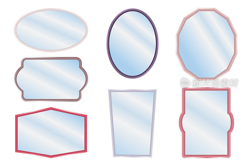 镜子框架或镜子装饰室内矢量插图。现实的镜子。金属圆形矩形镜框，白色镜面模板。