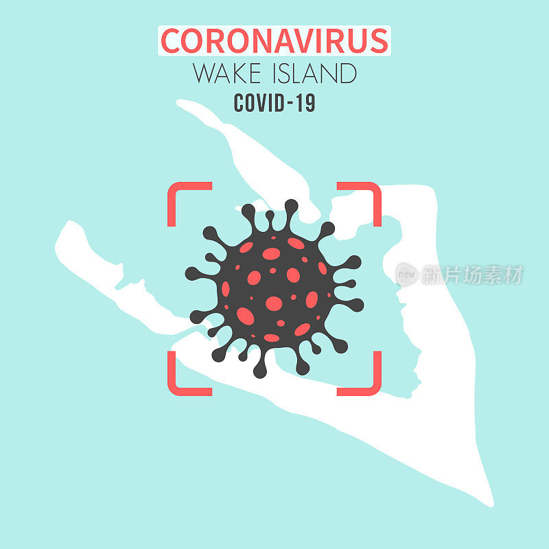 红色取景器上有冠状病毒细胞(COVID-19)的威克岛地图