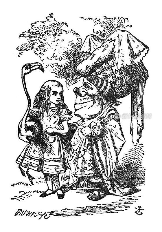 古老的插画-爱丽丝拿着一只火烈鸟和公爵夫人说话