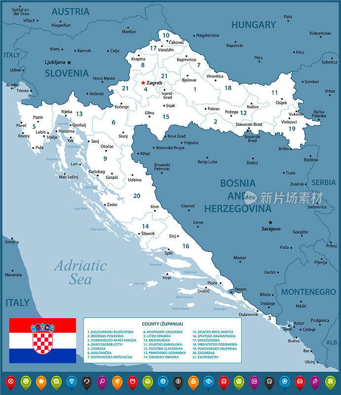 克罗地亚的地图。政治地图与地区，国旗，地理边界的黑山，匈牙利，斯洛文尼亚，塞尔维亚和意大利