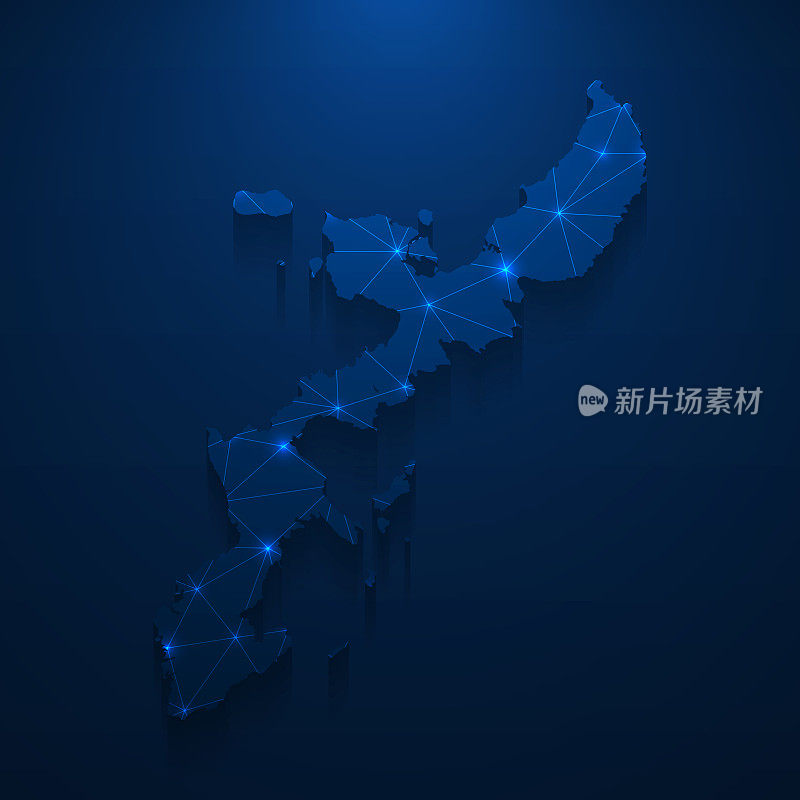 冲绳岛地图网络-明亮的网格在深蓝色的背景