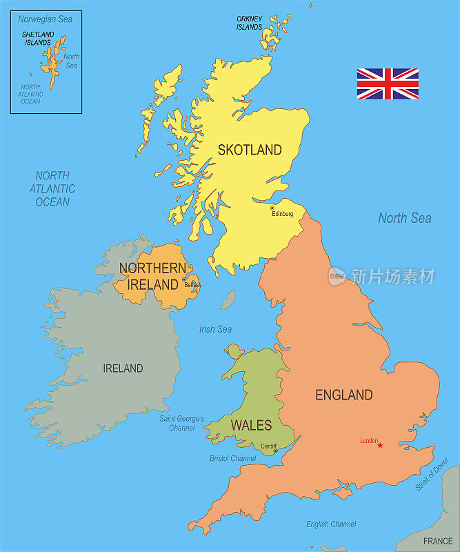 带旗帜的英国平面地图