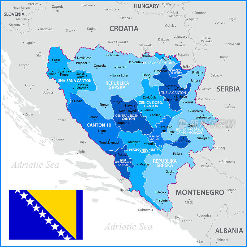 波斯尼亚和黑塞哥维那国旗地图。矢量蓝色插图与地区和首都城市