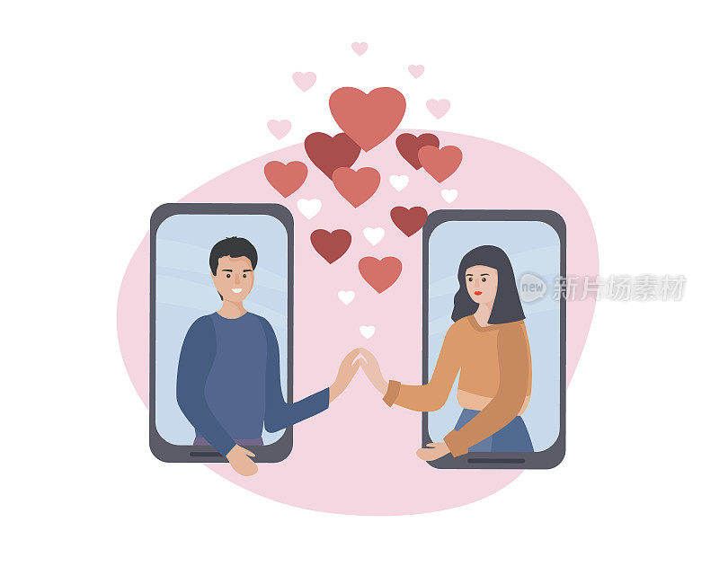 约会和在线交流。虚拟的浪漫的约会。爱在隔离。在视频聊天中遇到一对相爱的情侣