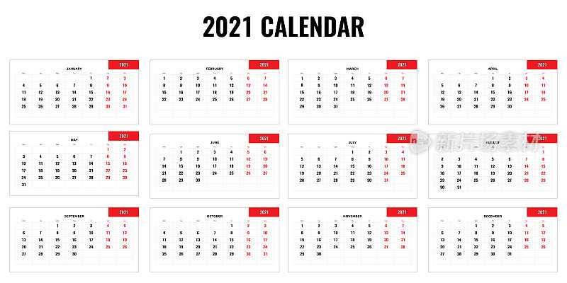 2021年日历-为2021年设定12个月的年日历。矢量插图。