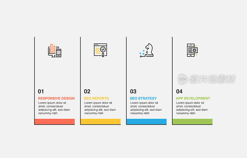 信息图表设计模板。响应式设计，搜索引擎优化报告，设置策略，应用程序开发图标与4个选项或步骤。