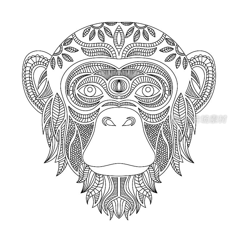 猴子头着色书插图。黑白线。