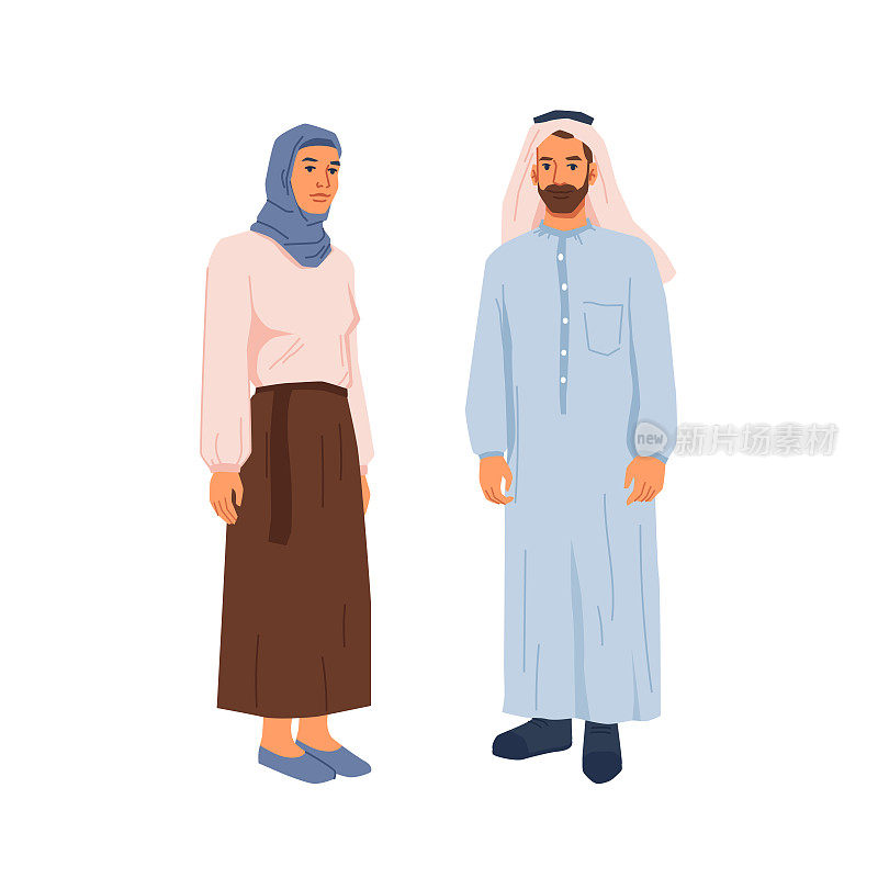 幸福的穆斯林家庭，蓄着胡须的男人和女人在民族布孤立的卡通宗教人士。矢量中东夫妇，阿拉伯夫妇。父母都戴着头巾，沙特人