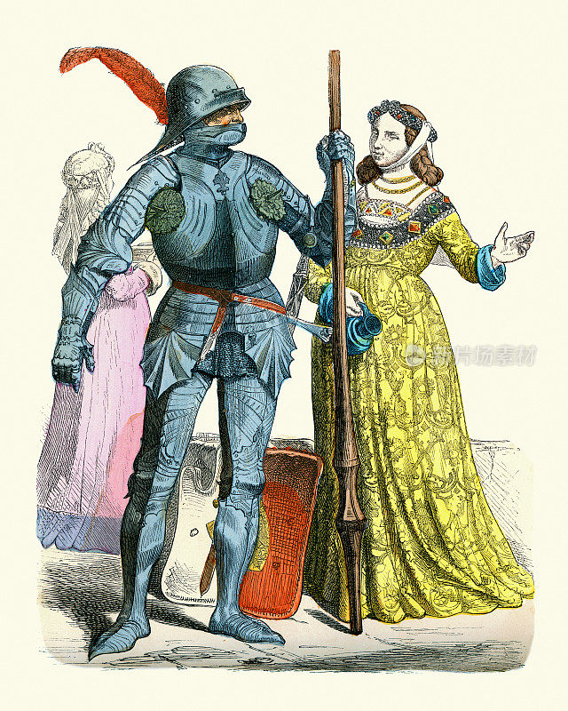 穿着盔甲的骑士，穿着礼服的贵族女士，中世纪时尚，15世纪中期，德国