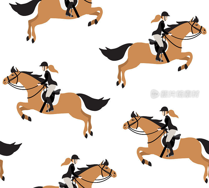 矢量无缝图案手绘平色少女骑马秀跳马