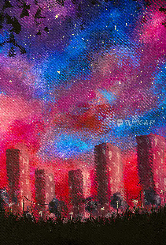竖向油画夜城手绘艺术背景以紫色星空为背景的高楼大厦
