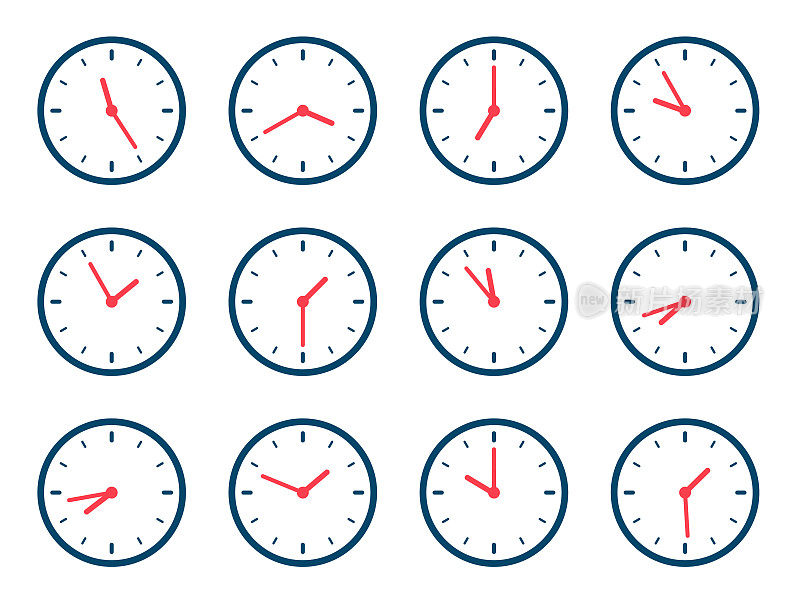 时钟时间差异集-矢量插图。不同时区的时间。箭头-钟面上的小时，分钟。时钟时间流逝。