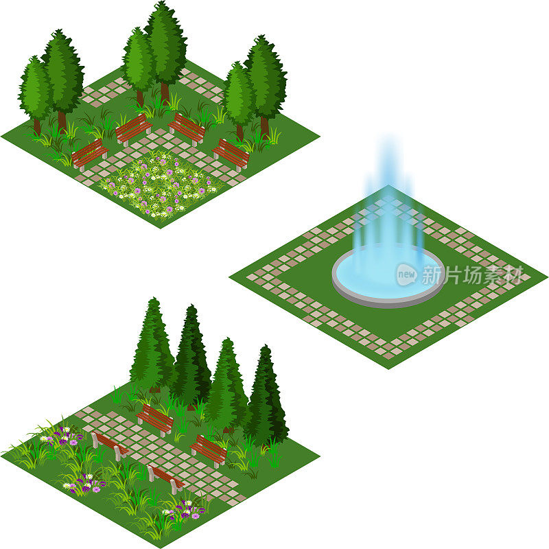 花园等距设置，为游戏资产或卡通背景创建花园景观场景